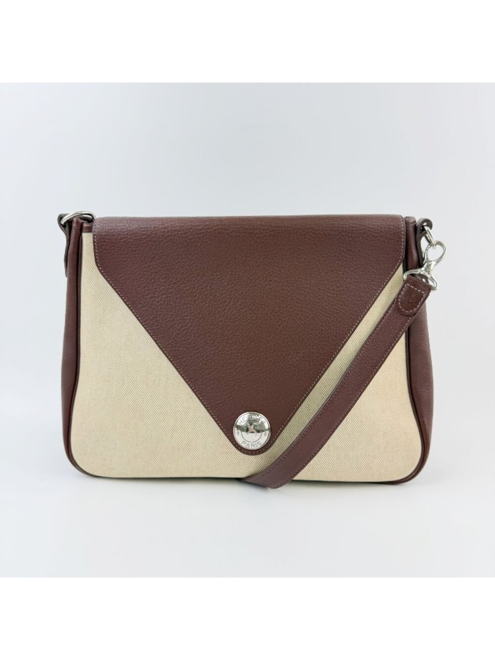 Hermes Christine Shoulder Bag Canvas Leather Beige Brown Silver Vintage